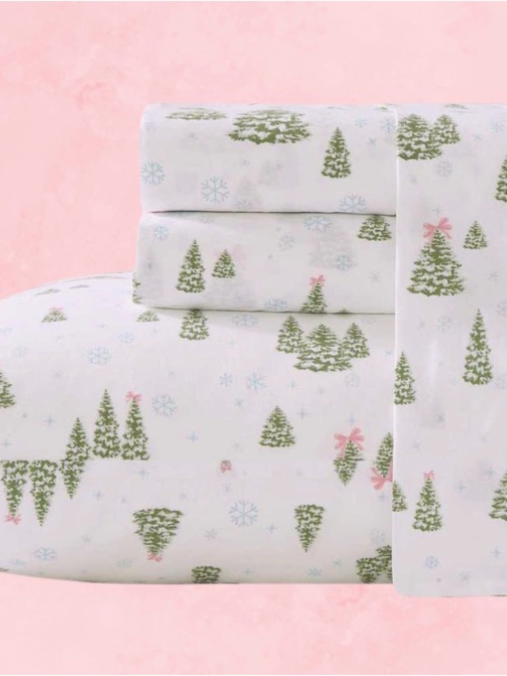 NEW Laura Ashley White CHRISTMAS Tree PINK BOW Print 4 PIECE FULL Sheet Set